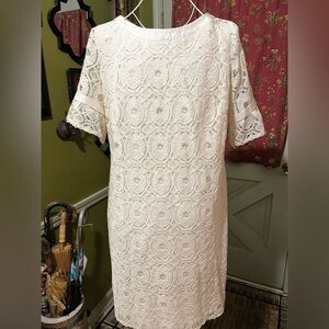 Liz Claiborne Ivory Cream Lace Ribbon Ruffle Sleeve Shift Dress 16